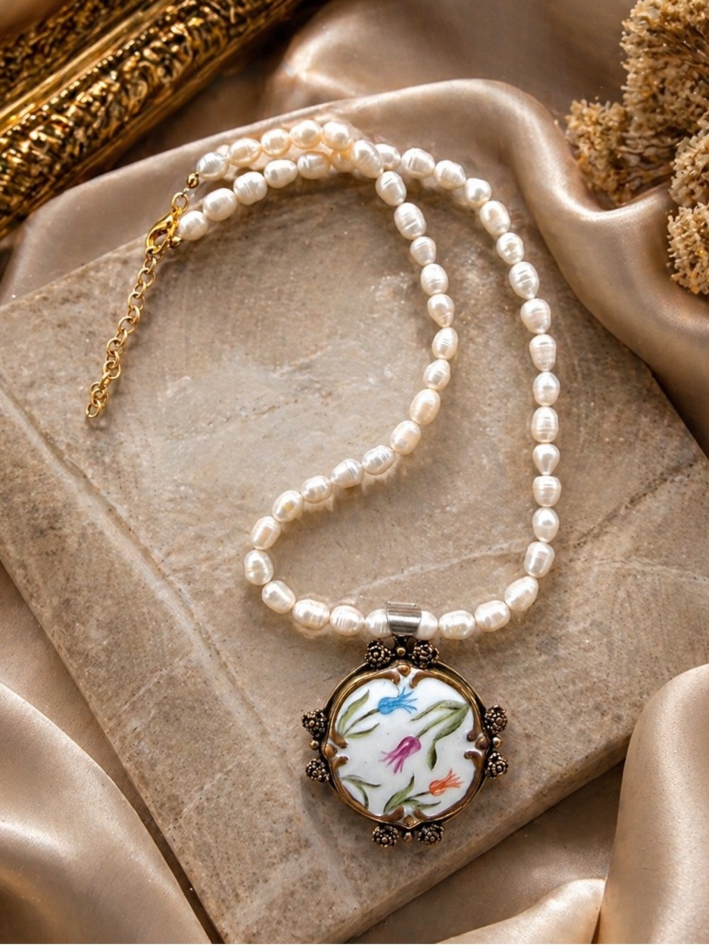 Freshwater Pearl Necklace Victorian Sterling Silver Hand Painted Floral Pendant